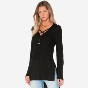 Free People Black Criss Cross Knit Flare Sleeve Side Slits Tunic Sweater‎